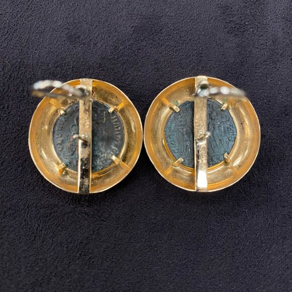 European Etruscan Bronze Roman Coin 14KT Yellow Gold Earrings - Picture 5 of 8